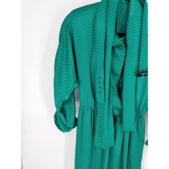 VTG Women's Kelly Green & Black Polka Dot Shawl-Neck Long Sleeve Dress Size L - Picture 2 of 5